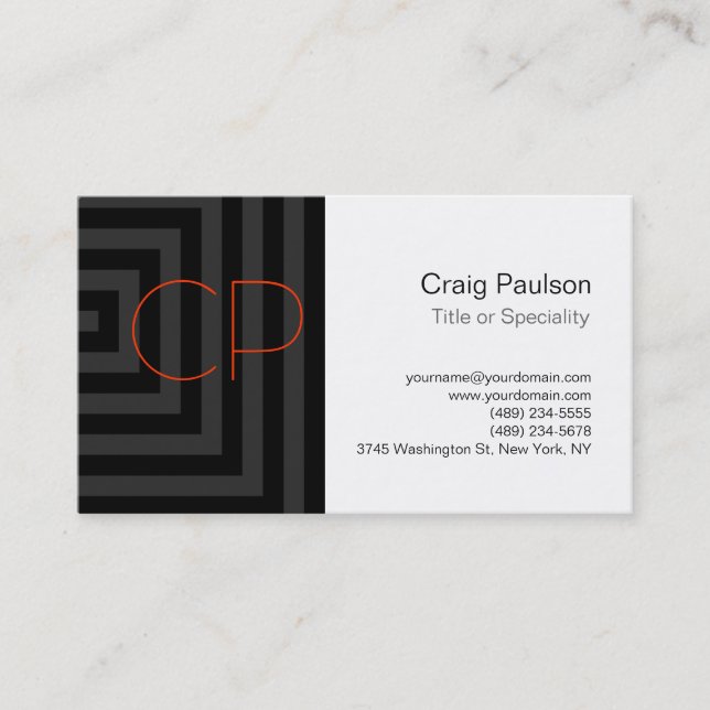 Gray Cubes Pattern Orange Monogram Business Card (Front)