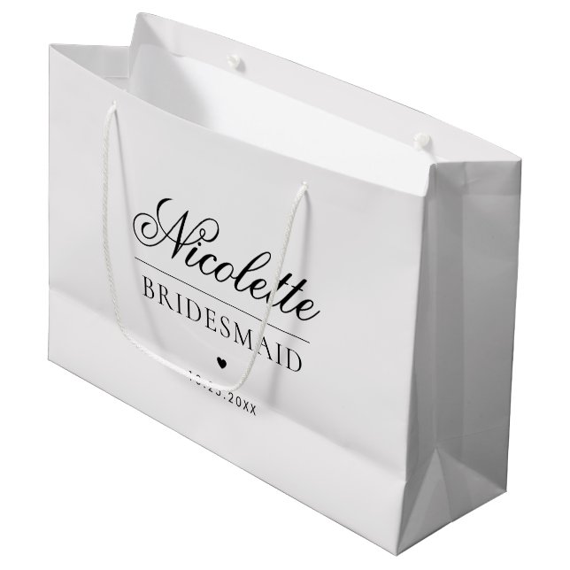 Gray Custom Bridesmaid Name Elegant Heart Wedding Large Gift Bag (Front Angled)