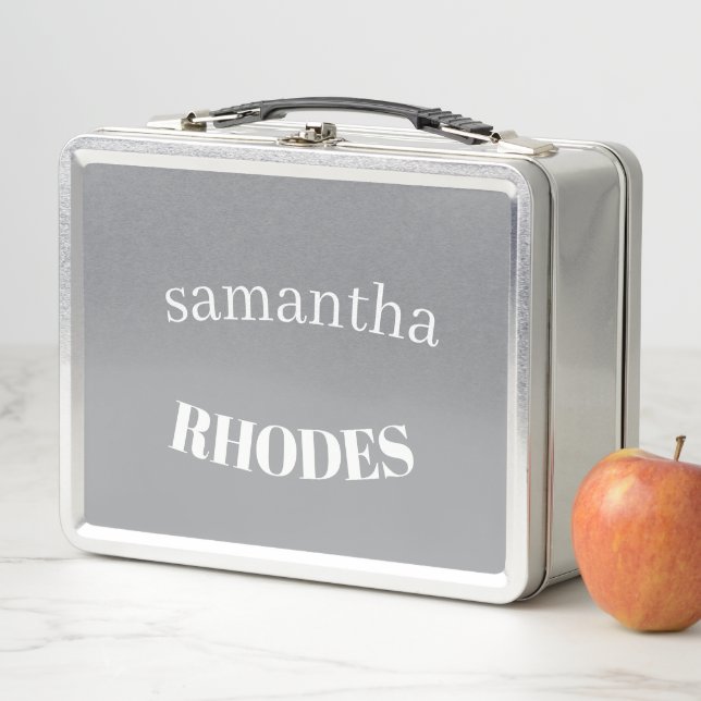 Gray custom monogram minimalist metal lunch box (In Situ)