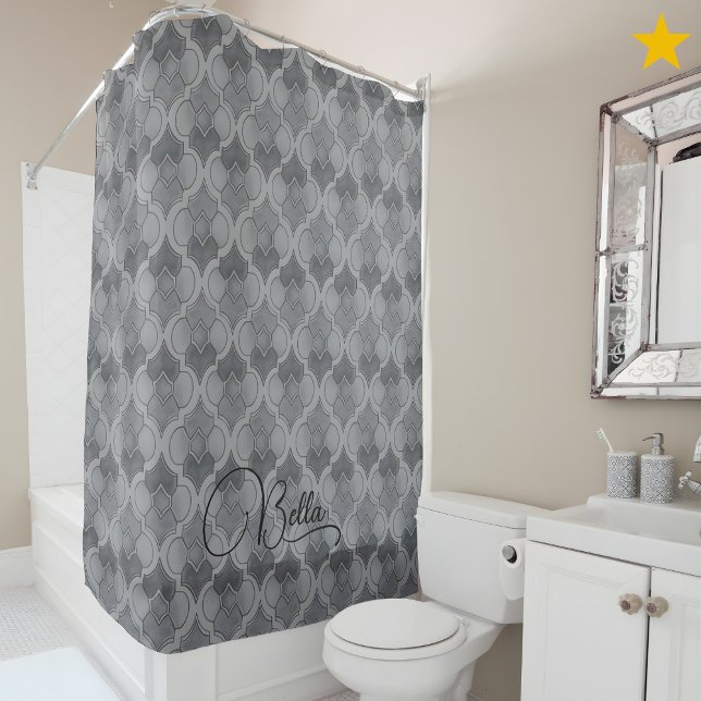 Gray Custom Name Watercolor Geometric Pattern  Shower Curtain (Creator Uploaded)