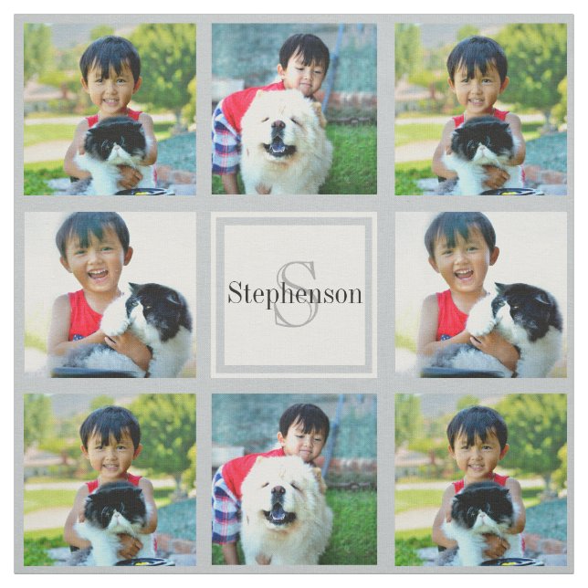Gray Custom Personalized Photo Collage Monogram Fabric (Swatch)
