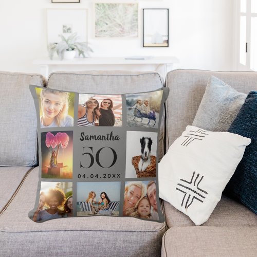 Gray custom photo collage birthday throw pillow