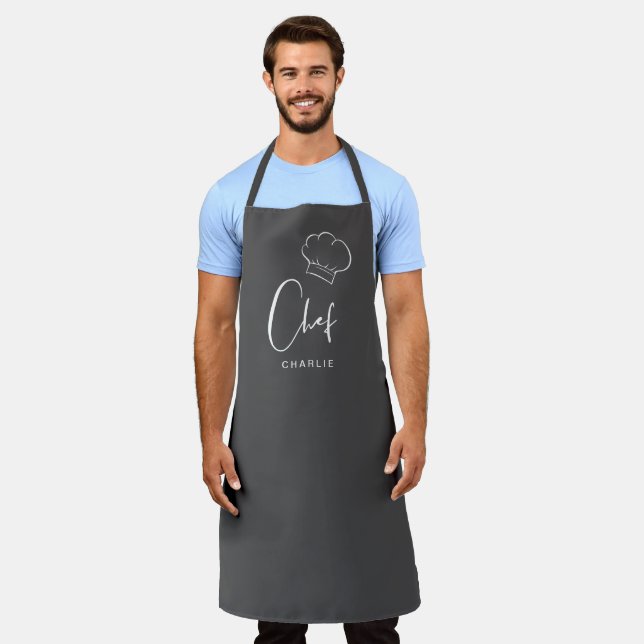 Gray cute hat and script personalized chef apron (Worn)