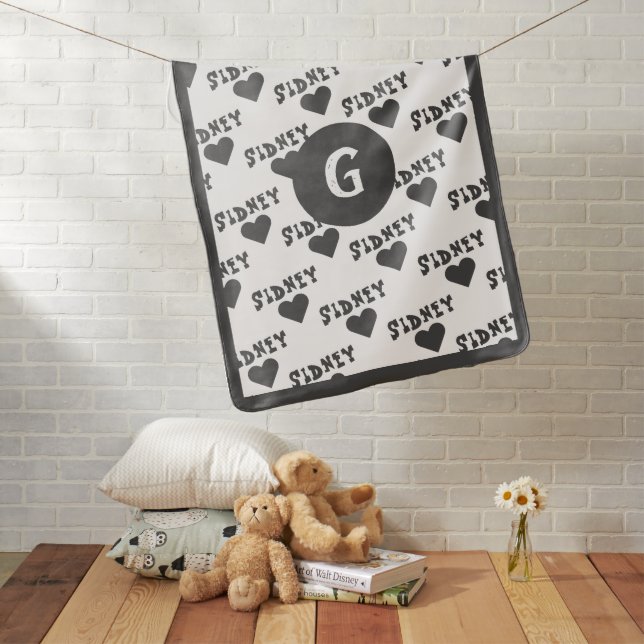 Gray Cute Personalized Name and Monogram Boy Baby Blanket (In Situ)