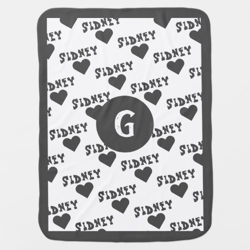 Gray Cute Personalized Name and Monogram Boy Baby Blanket