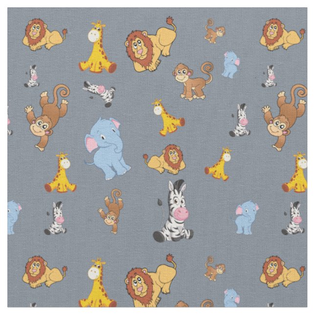 gray Cute safari animal pattern - Giraffe, elephan Fabric (Close Up)