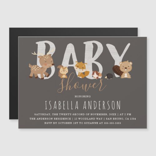 Gray  Cute Woodland Animals Neutral Baby Shower Magnetic Invitation