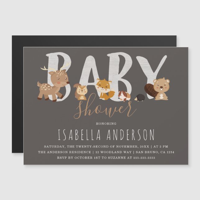 Gray | Cute Woodland Animals Neutral Baby Shower Magnetic Invitation (Front/Back)