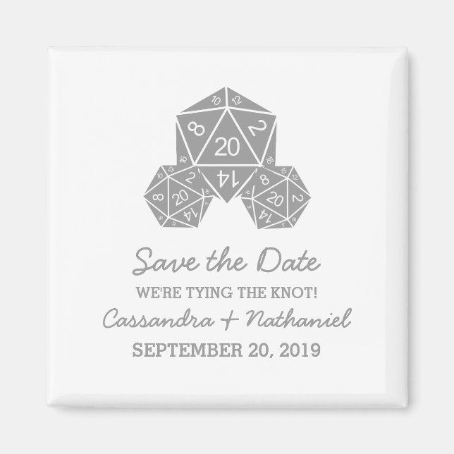 Gray D20 Dice Save the Date Magnet (Front)