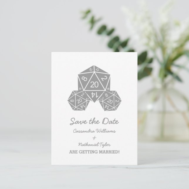 Gray D20 Dice Save the Date Postcard (Standing Front)