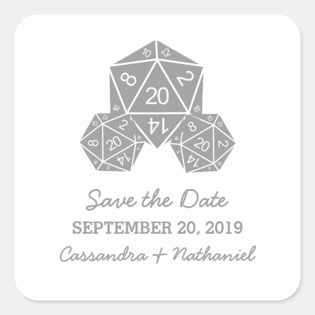 Gray D20 Dice Save the Date Stickers (Front)