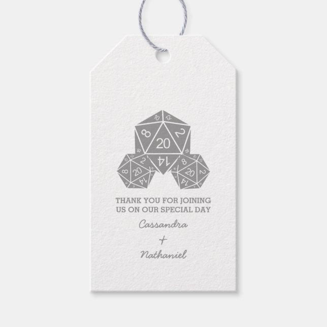 Gray D20 Dice Wedding Gift Tags (Front)