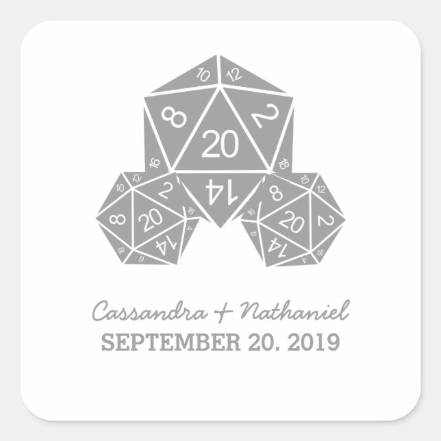 Gray D20 Dice Wedding Stickers (Front)