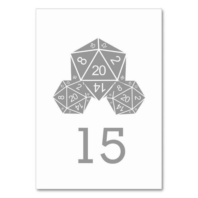 Gray D20 Dice Wedding Table Card (Front)