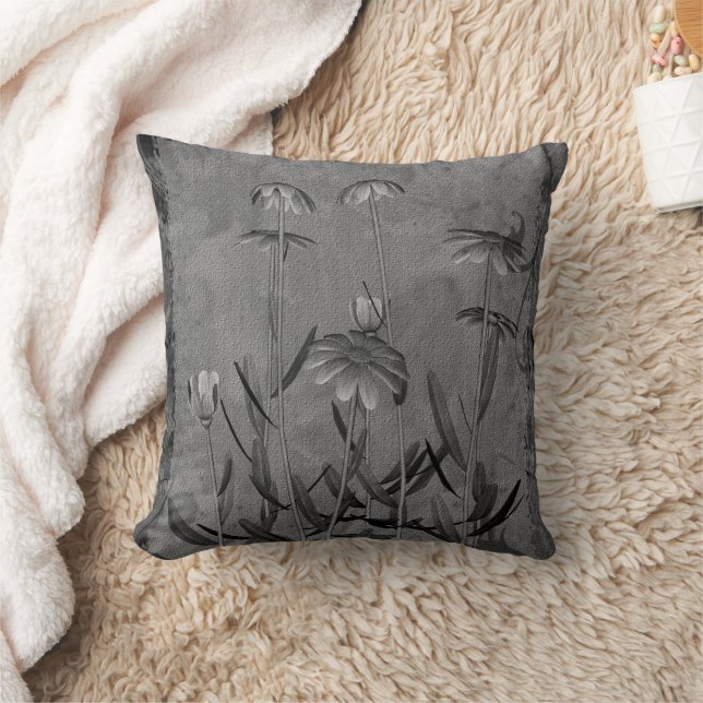 Gray Daisies Floral Art Throw Pillow (Blanket)