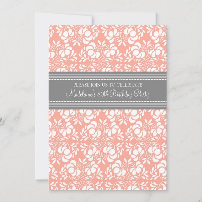 Gray Damask 80th Birthday Party Invitations (Front)