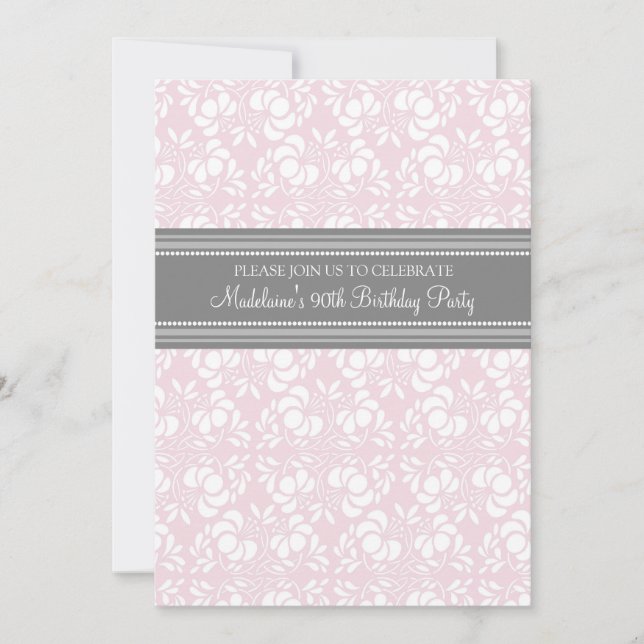 Gray Damask 90th Birthday Party Invitations (Front)