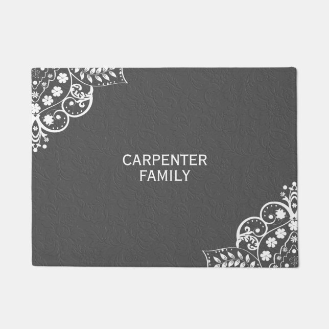 Gray Damask And White Floral Lace Doormat (Front)