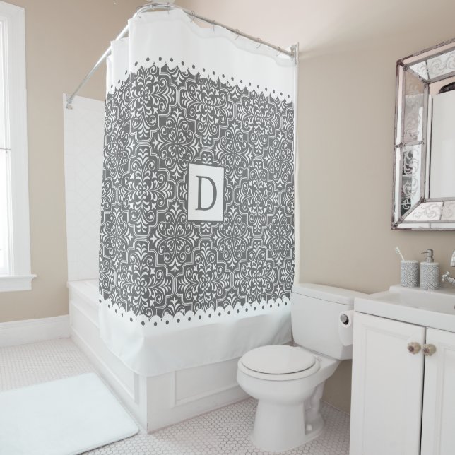 Gray damask and white scalloped borders monogram shower curtain (In Situ)