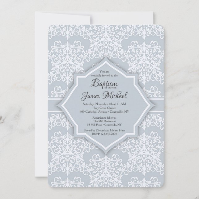 Gray Damask Baptism Invitation (Front)