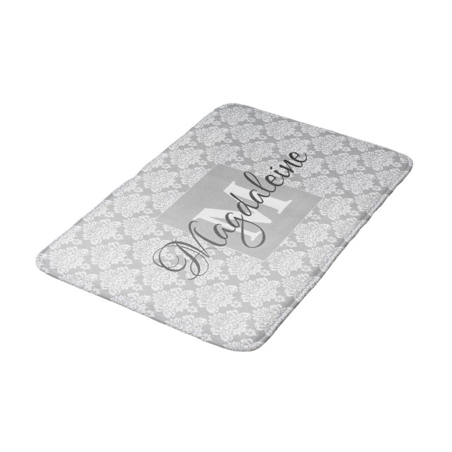 Gray Damask Bath Mat with Monogram & Name (Angled)