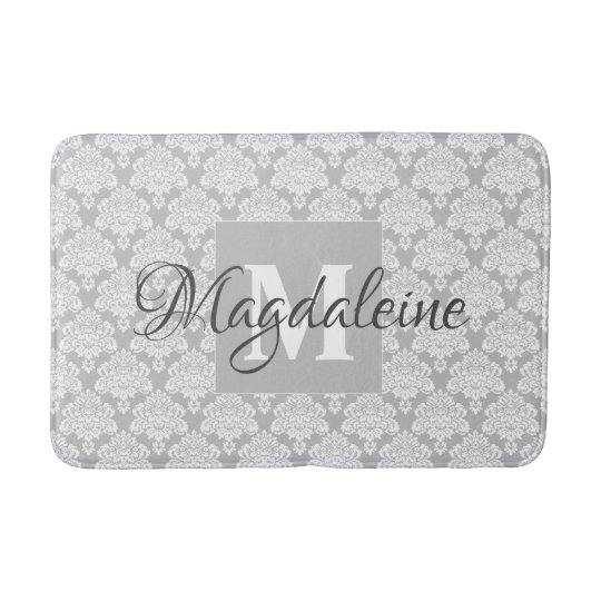 Gray Damask Bath Mat with Monogram & Name