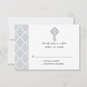 Gray Damask Celtic Cross First Communion RSVP Card