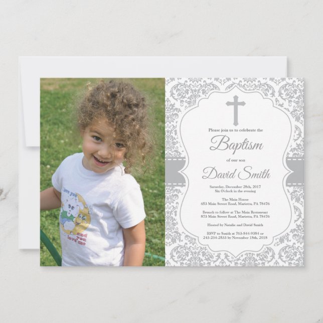 Gray Damask Cross Baptism Invitation (Front)