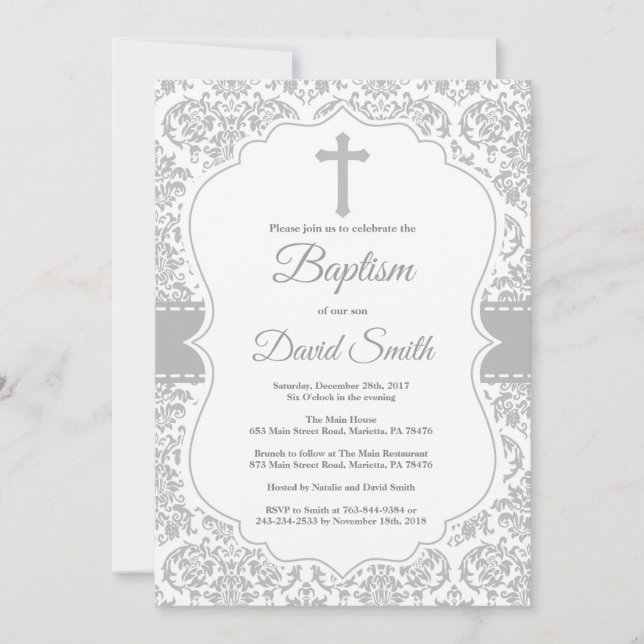 Gray Damask Cross Baptism Invitation (Front)
