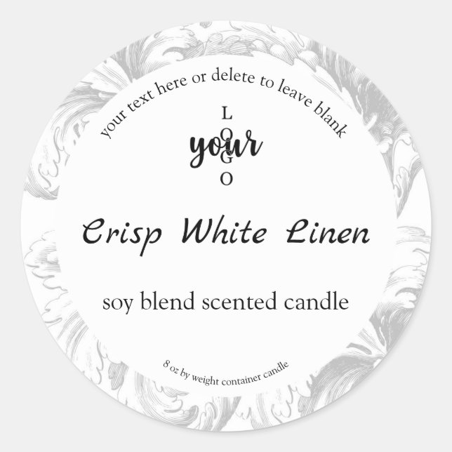 Gray Damask Custom Container Candle Label (Front)