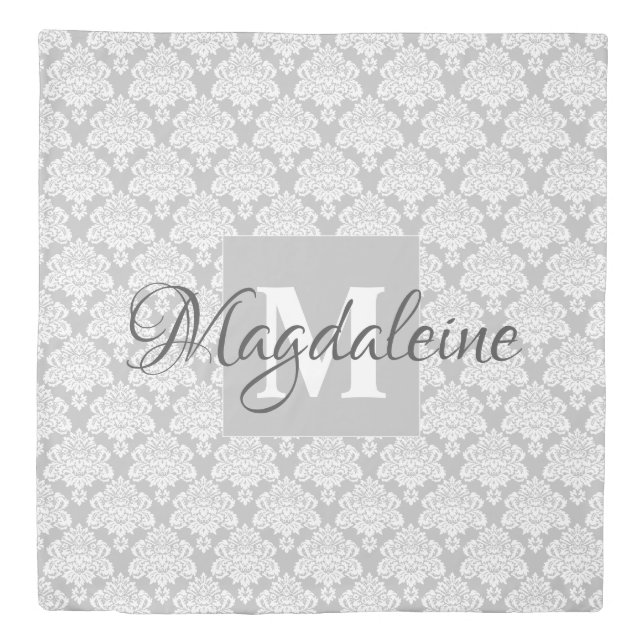 Gray Damask Duvet Cover with Monogram & Name (Front)