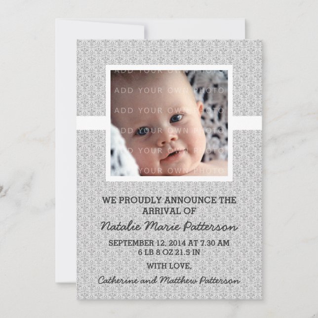 Gray Damask Frame Photo Baby Announcement (Front)