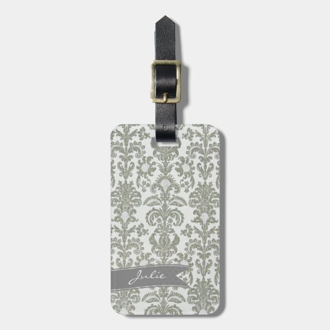 Gray Damask Luggage Tag (Front Vertical)