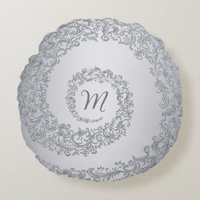 Gray Damask Monogram Round Pillow (Front)