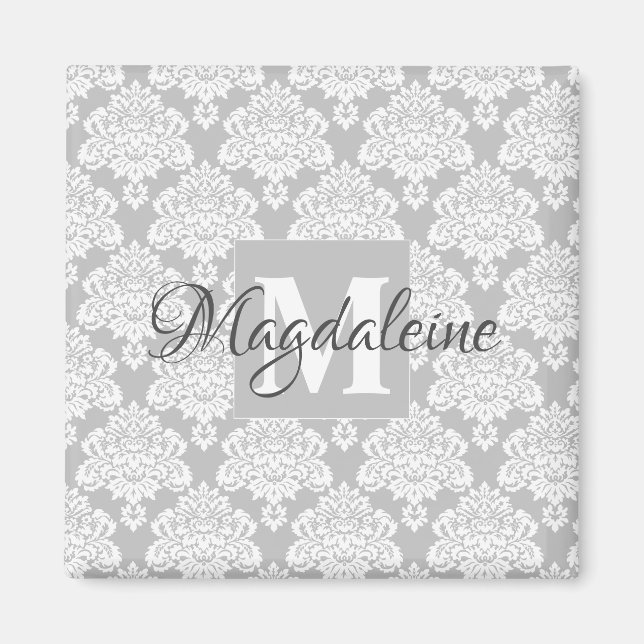 Gray Damask Monogram with Name Magnet (Front)