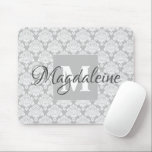 Gray Damask Mouse Pad with Monogram & Name<br><div class="desc">This beautiful mouse pad features a classic white damask pattern over a gray background. The design is personalized with a monogram initial letter as well as a customizable name. Perfect gift for any woman who wants a pretty and feminine mouse pad with a simple yet elegant design.</div>