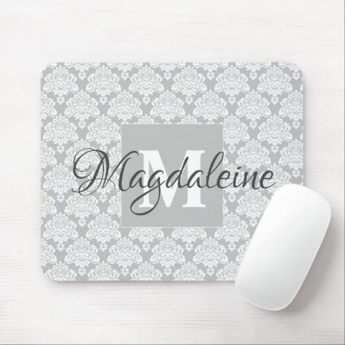 Gray Damask Mouse Pad with Monogram  Name