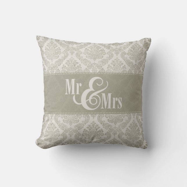 Gray Damask "Mr & Mrs" pillow, personalized Throw Pillow (Front)