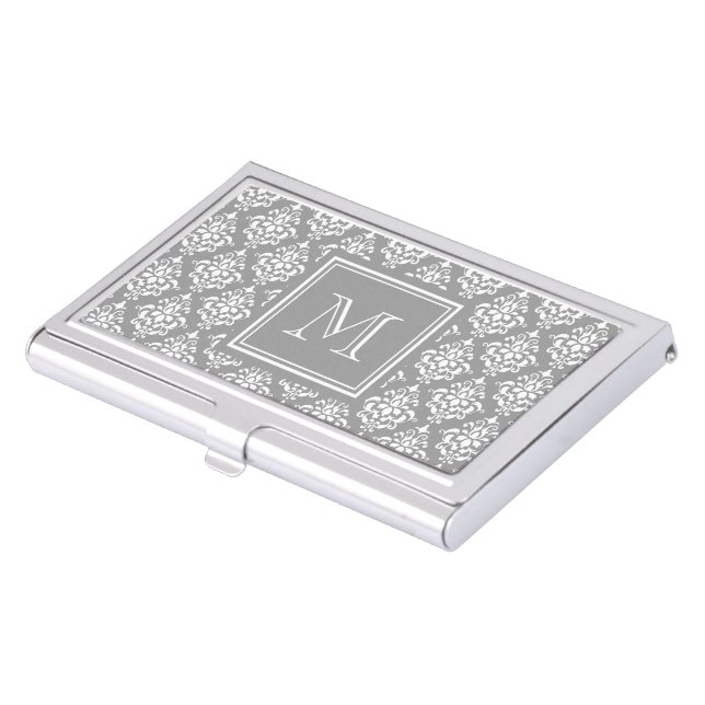 Gray Damask Pattern 1 with Monogram Case For Business Cards (Front)