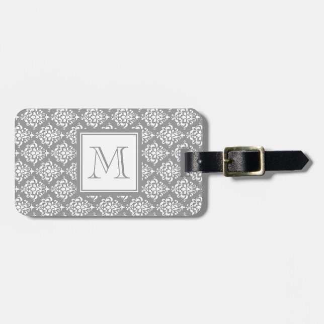 Gray Damask Pattern 1 with Monogram Luggage Tag (Front Horizontal)