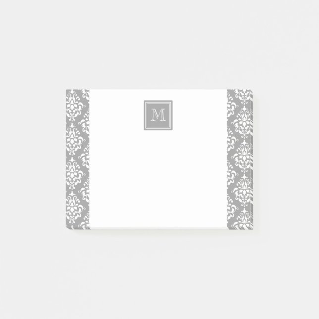 Gray Damask Pattern 1 with Monogram Post-it Notes (Front)