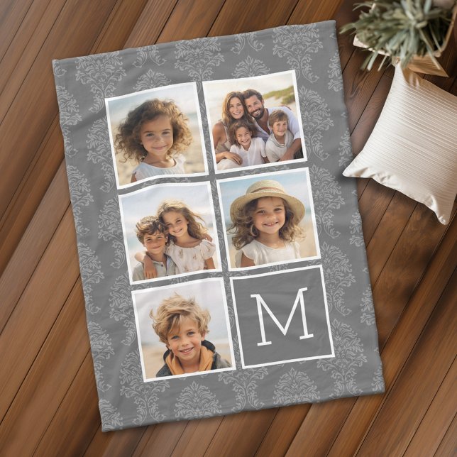Gray Damask Pattern 5 Photo Collage Monogram Fleece Blanket (Personalized fleece blanket with 5 photos and a monogram)