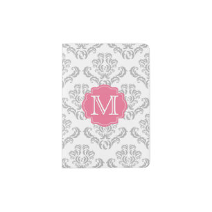 Gray Damask Pattern Monogram Passport Holder