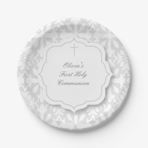Gray Damask Pattern with Cross Paper Plates