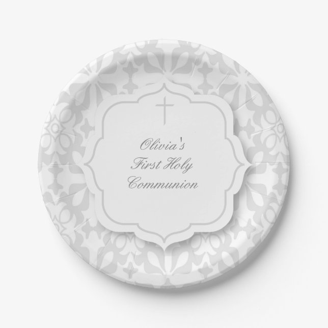 Gray Damask Pattern with Cross Paper Plates (Front)