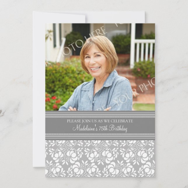 Gray Damask Photo 75th Birthday Party Invitations (Front)