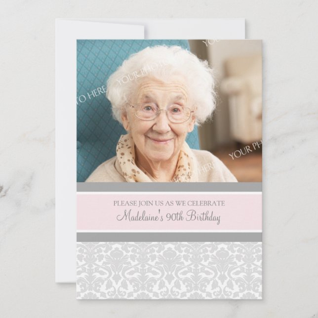 Gray Damask Photo 90th Birthday Party Invitations (Front)