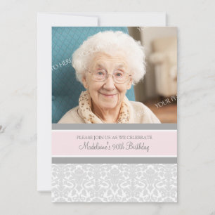 Gray Damask Photo 90th Birthday Party Invitations