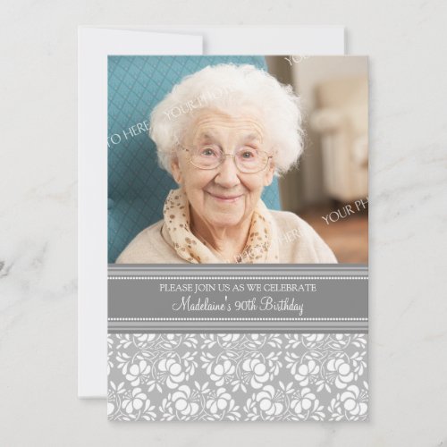 Gray Damask Photo 90th Birthday Party Invitations