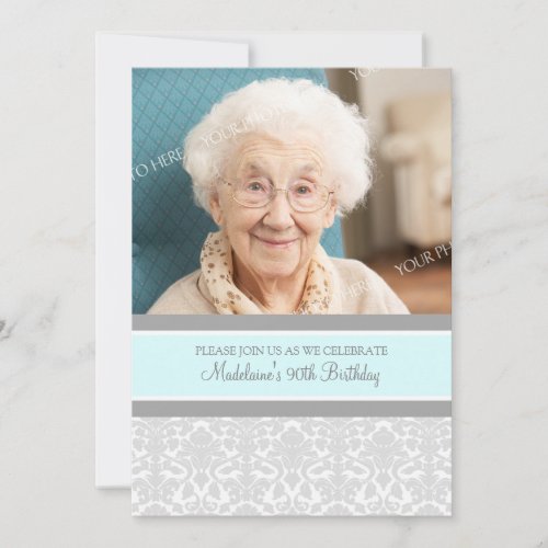 Gray Damask Photo 90th Birthday Party Invitations